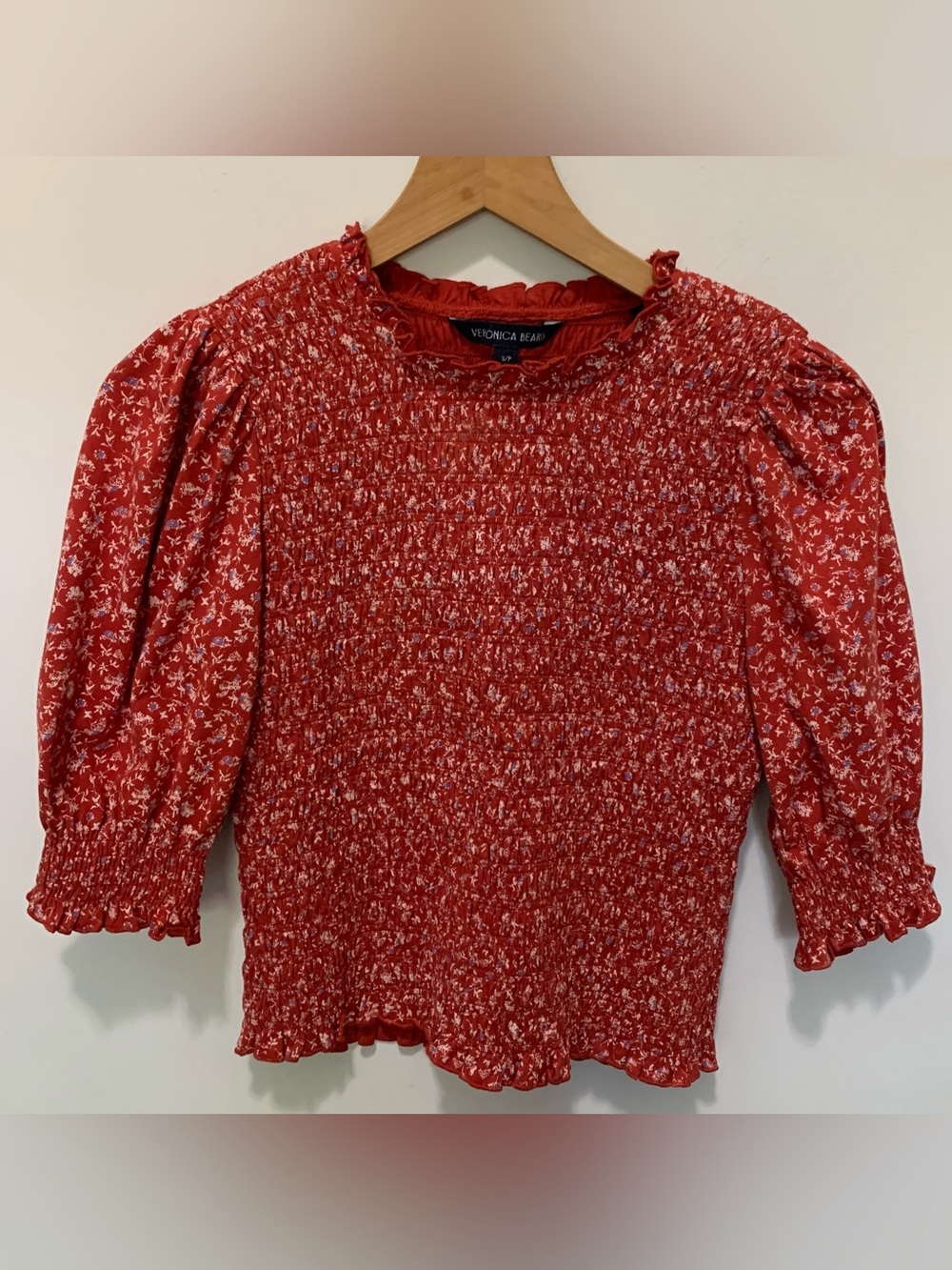 Veronica Beard Langston Shirred Floral Top Red Multicolor Size Small